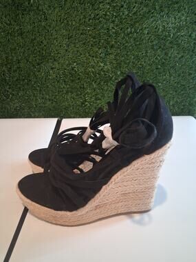 ShoeDazzle Womens Wedge Sandals Size 5 Black Strappy Espadrille Heels NWOB